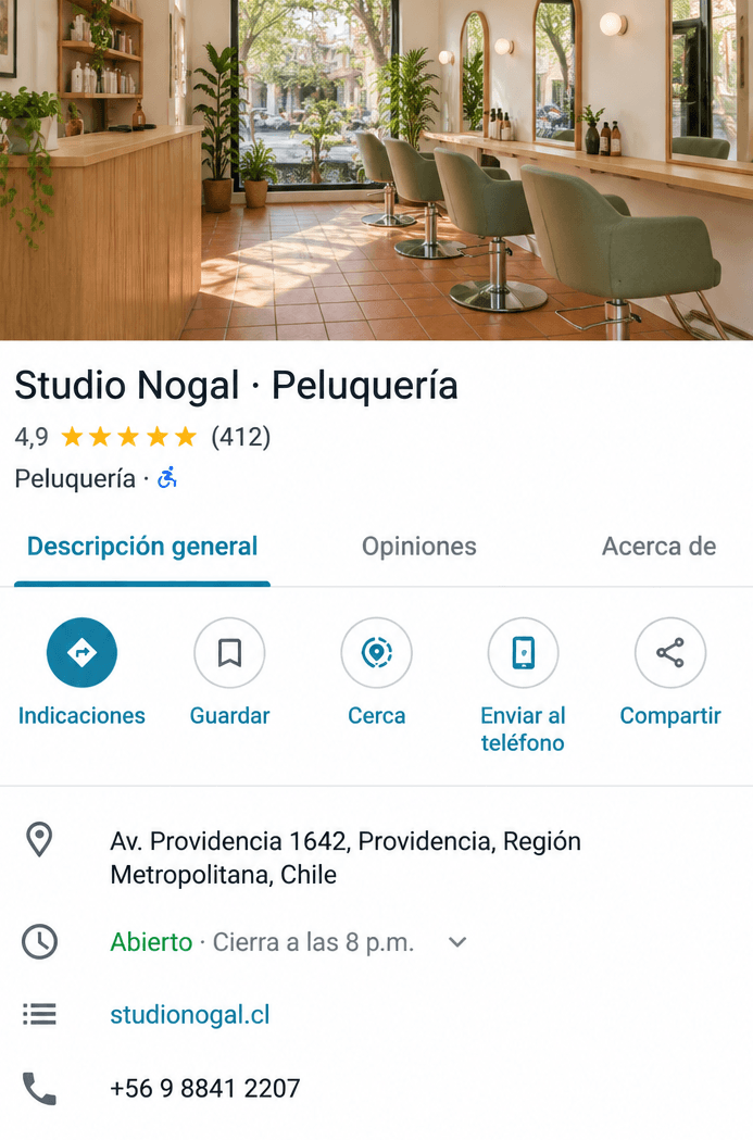 Ficha de Google Maps de Studio Nogal, peluquería, con 4,9 estrellas y 412 reseñas